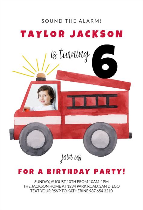 Watercolor Firetruck Verticle - Birthday Invitation Template (Free) | Greetings Island Fireman Invitation Template, Firetruck Birthday Party Invitations, Firetruck Printables Free, Fire Truck Birthday Invitations, Firetruck Invitation, Fire Engine Birthday Party, First Birthday Activities, Fire Engine Birthday, Birthday Invitation Design