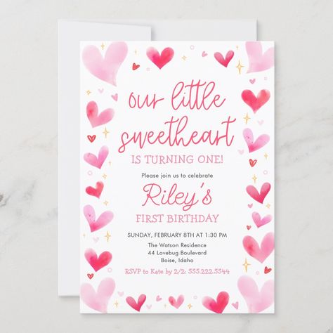 Our little sweetheart-themed birthday invitations with pink hearts. Any age can be used! Hearts Birthday Party, Valentines Template, Valentines Birthday Party, Heart Party, Heart Themed, Birthday Party Invite, Turning One, Valentine Birthday, 1st Birthday Invitations