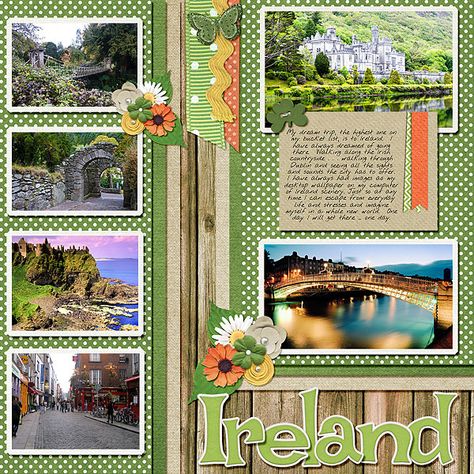 Bucket+List:++Ireland - Scrapbook.com Dublin Scrapbook Pages, Ireland Scrapbook Ideas, Scrapbook Binding, Ireland Scrapbook, Scrapbook Multiple Photos, Travel Book Layout, Cruise Scrapbook, Scrapbook Generation, Travel Scrapbook Pages