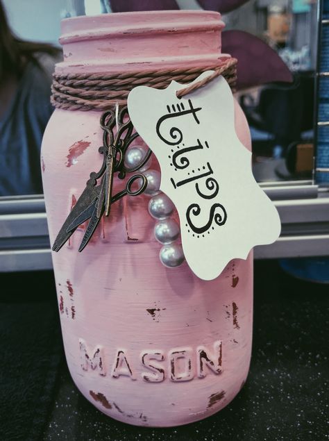 tip jar idea for hairstylist #tipjar #hairstylist #diy Cosmetology School Station Ideas, Hairstylist Booth Decor, Hairstylist Station Decor, Hairstylist Station Ideas, Cosmotology Party Ideas Graduation, Home Salon Ideas Small Diy, School Station, Cosmetology Ideas, Work Treats