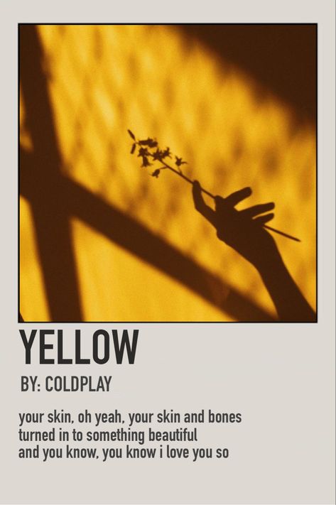 coldplay, lyrics, polaroid poster, music, yellow, shadows, lyric poster, movie poster Yellow Music Poster, Polaroid Music Posters Spotify, Alternative Minamilist Album Cover, Polaroid Poster Music, Song Covers Aesthetic, Music Polaroid Posters, Coldplay Album Cover, Song Poster Design, Alternative Minimalist Album Covers