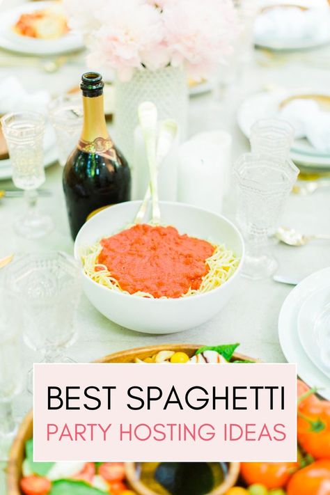 It's time to share all about our spaghetti dinner party! Whether you opt for a meatless meal, a spaghetti and meatballs dinner party, or a spaghetti with crusted chicken like we did, I know your dinner party will be a hit! In this post you'll learn how to throw a spaghetti dinner party your guests will talk about for ages. Dinner Ideas For Parties, Spaghetti Dinner Party, Spaghetti Party, Party Dinners, Meatballs Dinner, Meatball Dinner, Meatless Meal, Pasta Party, Spaghetti Dinner