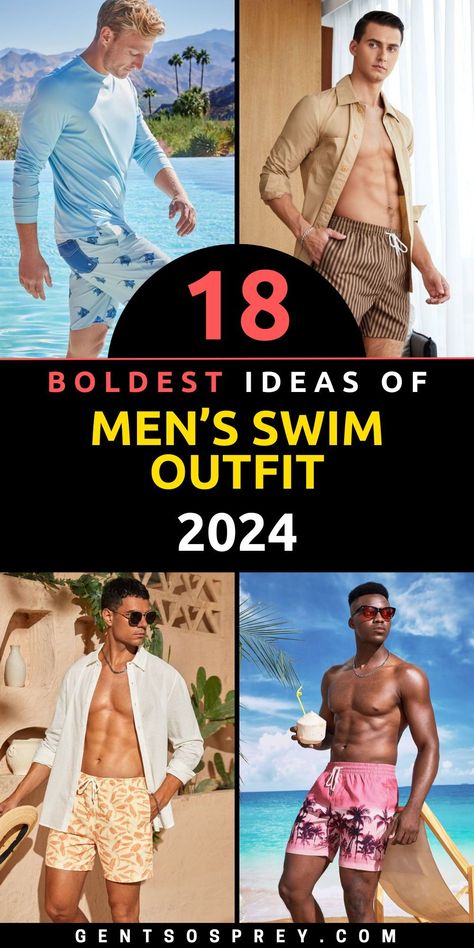 Dive into summer with our lineup of stylish 2024 swimwear. Discover 18 fresh men’s outfits for beach and poolside elegance. Whether you're lounging by the pool or soaking up the sun at the beach, our curated collection of men’s swim outfits has you covered. From chic Korean-inspired designs to classic black trunks, we have the perfect swimwear options to suit your summer style. Outfits For Beach, Swim Outfits, Black Trunks, Swim Outfit, Riviera Chic, Surfer Vibes, Pool Shirts, Trendy Beachwear, Boat Fashion