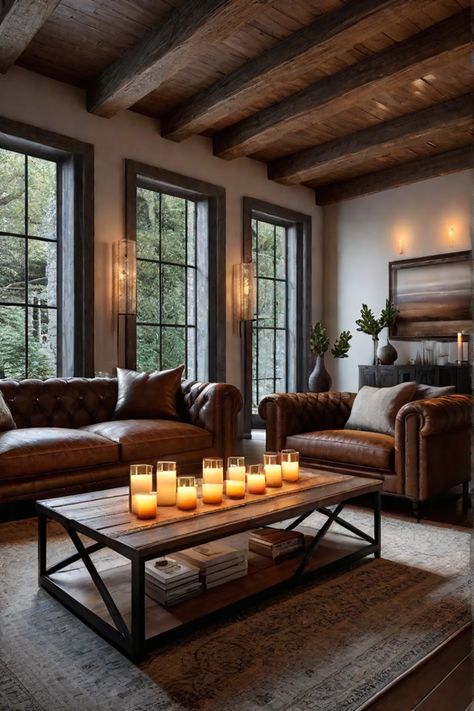 Rustic living room with a leather sofa candles and warm white LED Rustic Modern Family Room, Living Rooms With Leather Couches, Cozy Romantic Living Room, Hunting Living Room Decor, Rustic Cozy Living Rooms, Farmhouse Living Room Leather Couch, Living Room Ideas Cozy Rustic, Rustic Luxury Living Room, Camel Leather Couch Living Room