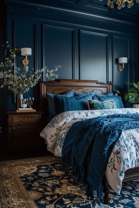 Cozy Dark Bedroom, Dark Blue Rooms, Dark Blue Bedrooms, Blue Bedroom Walls, Bedroom Dark, Dark Bedroom, Gold Bedroom, Dekorasi Kamar Tidur, Blue Rooms