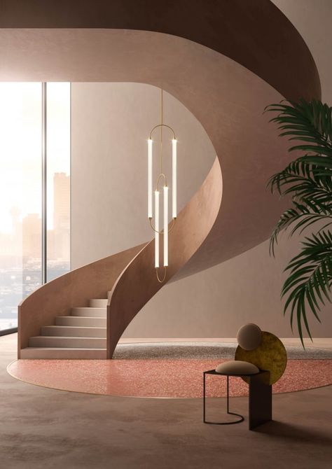 Giopato & Coombes | Cirque Staircase Architecture, Table Trays, Dreamscape Architecture, Color Aesthetic, Lan Can, Spiral Staircase, Led Pendant Lights, Staircase Design, Stairs Design