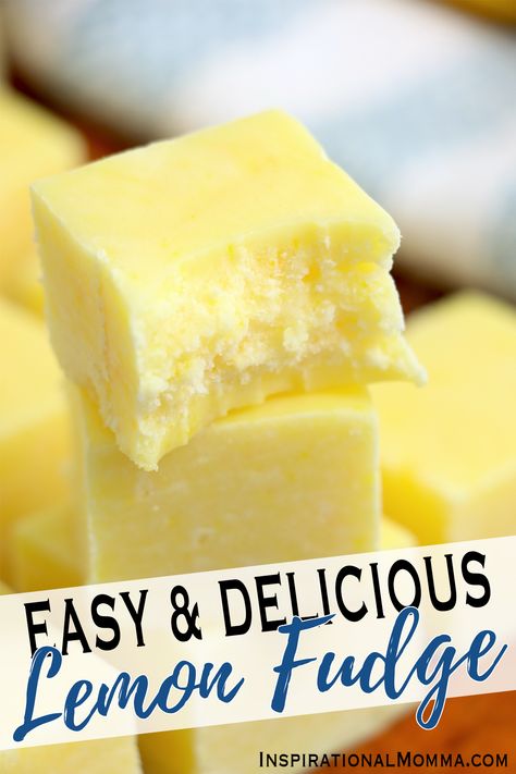 This rich lemon fudge is bright, sweet, and easy to make. You'll be in and out of the kitchen in no time, and your tastebuds will be happy. #inspirationalmomma #lemonfudge #easylemonfudge #lemonfudgerecipe Lemon Meringue Fudge, Jello Fudge, Diy Fudge, Desserts 3 Ingredients, Boozy Candy, Lemon Fudge Recipe, Lemon Fudge, Lemon Desserts Easy, Homemade Fudge Recipes