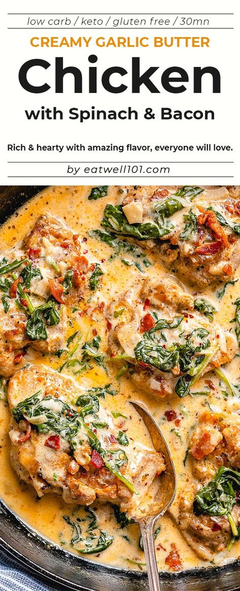 Creamy Garlic Butter Chicken, Chicken Tips, Spinach And Bacon, Easy Chicken Recipe, Chicken With Spinach, Tasty Lunch, Garlic Butter Chicken, Spinach Recipes, Keto Recipes Dinner