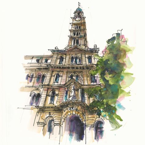 Perspective and accurate building sketches - Liz Steel : Liz Steel Building Sketches, Sketchbooks Inspiration, Liz Steel, Building Sketch, Urban Sketch, Architecture Sketchbook, Artist Journal, Steel Building, Watercolor Landscape Paintings