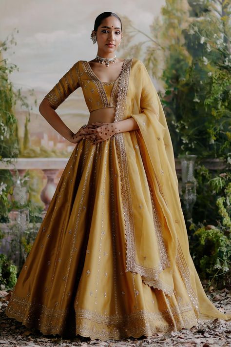 Buy Jigar Mali Yellow Chanderi Floral Embroidered Lehenga Set Online | Aza Fashions Latest Bridal Lehenga, Raw Silk Lehenga, Indian Outfits Lehenga, Yellow Lehenga, Lehenga Designs Simple, Indian Bride Outfits, Traditional Indian Dress, Indian Dresses Traditional, Embroidered Lehenga