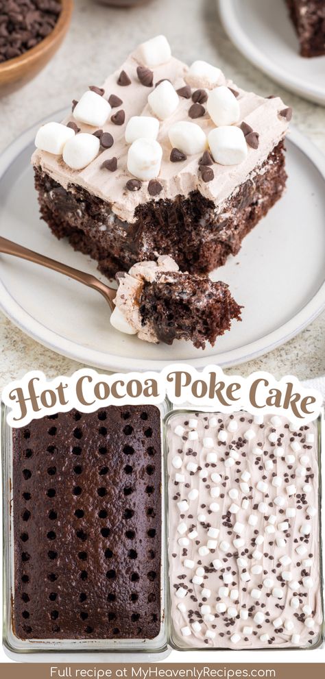 Christmas Dessert Poke Cake, Winter Bar Recipes, Poke Cake Christmas, Easy Food For Potluck Parties, Hot Chocolate Dump Cake, Christmas Jello Poke Cake Recipe, Chocolate Polk Cake, Poke Cake Filling, Birthday Desserts For A Crowd