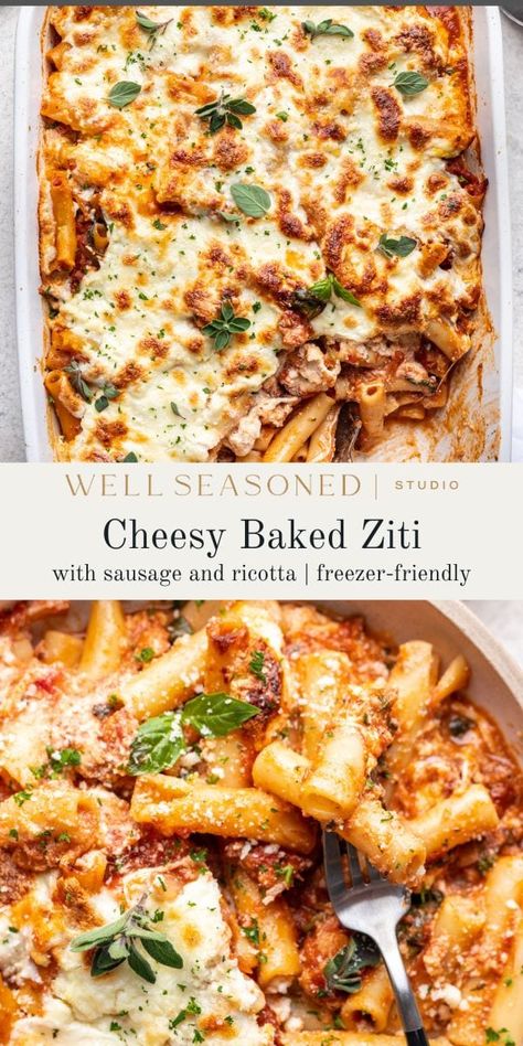 Baked Ziti with Ricotta & Sausage is the ultimate comfort food. Perfectly al dente pasta, rich, creamy ricotta cheese, savory sausage, and a flavorful red sauce, all under a blanket of melted mozzarella. It just screams Sunday supper! Be sure to stick the baked ziti under the broiler just before serving to ensure golden brown bits in every slice. Make-ahead and freezer-friendly. #wellseasonedstudio #bakedziti #sausage #ricotta #bakedpasta Freezer Friendly Baked Ziti, Sausage Ricotta Pasta Bake, Sausage And Ricotta Pasta, Baked Ziti With Ground Beef And Sausage, Dump And Bake Baked Ziti, Baked Ziti Recipe With Ricotta, Baked Ziti With Italian Sausage Ricotta, Spicy Baked Ziti, Baked Ziti With Ground Beef And Ricotta