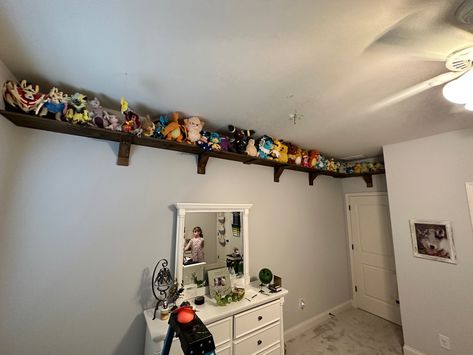 Stuffed animal shelf for my daughter’s Pokémon collection Stuffy Shelves, Stuffed Animal Shelves, Stuffed Animal Display Ideas Adult, Shelf For Stuffed Animals, Stuffed Animal Shelf, Shelves Over Bed, Long Wall Shelves, Stuffed Animal Displays, Pokémon Collection