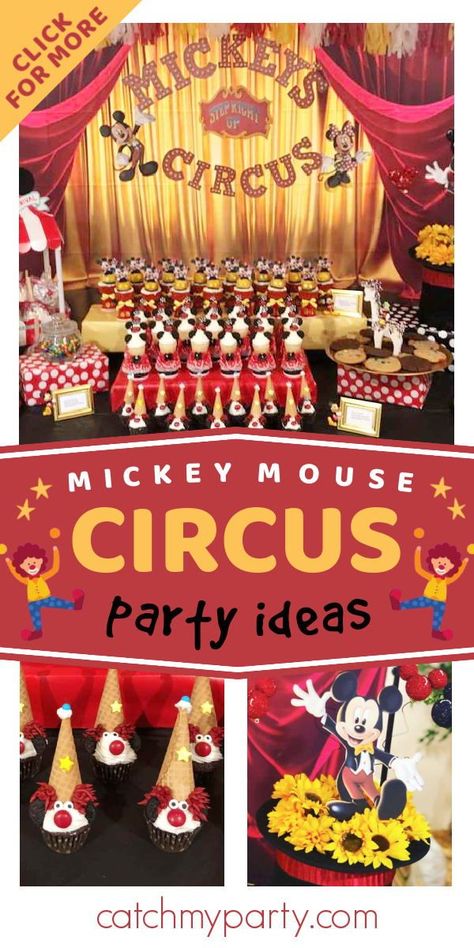 Check out this fun Mickey Mouse circus-themed birthday party! Love the clown cupcakes! See more party ideas and share yours at CatchMyParty.com Mickey Mouse Carnival Birthday Party, Mickey Mouse Circus Theme Party, Mickey Circus Birthday Party, Mickey Mouse Carnival Party, Three Ring Circus Birthday Party, Carnival Preschool, Clown Cupcakes, Circus Carnival Party, Mickey Birthday Party