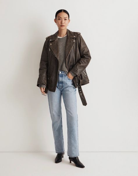 Distressed Leather Oversized Motorcycle Jacket | Madewell Biker Jacket Outfit Women, Leather Moto Jacket Outfit, Leather Jacket Outfit Fall, Brown Leather Jacket Outfit, Womens Leather Jacket Outfit, Biker Jacket Outfit, Fall Leather Jacket, Moto Jacket Outfit, Fall Leather