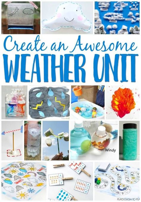 Create an awesome weather unit with these super fun weather learning activities! Science experiments, math, literacy, sensory, process art and more! Weather Games For Kids, Weather Activities For Kindergarten, Weather Lesson Plans, Weather Unit Study, Weather Experiments, Teaching Weather, April Weather, Weather Lessons, Spring Themes