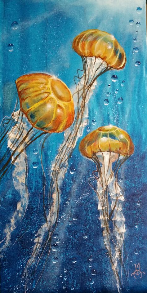 Sea Inspired Paintings, Paintings Of Jellyfish, Sea Creatures Artwork, Fish In Sea Drawing, Aquatic Life Painting, Painted Sea Creatures, Marine Life Art Paintings, Marine Animal Art, Gcse Art Under The Sea