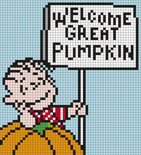 10 Free Halloween Crochet Graphghan Patterns - Psychedelic Doilies Charlie Brown Perler Beads, Crochet Charlie Brown, Charlie Brown Crochet, Charlie Brown Cross Stitch, Welcome Great Pumpkin, Halloween Perler, The Great Pumpkin Charlie Brown, It's The Great Pumpkin Charlie Brown, C2c Graph