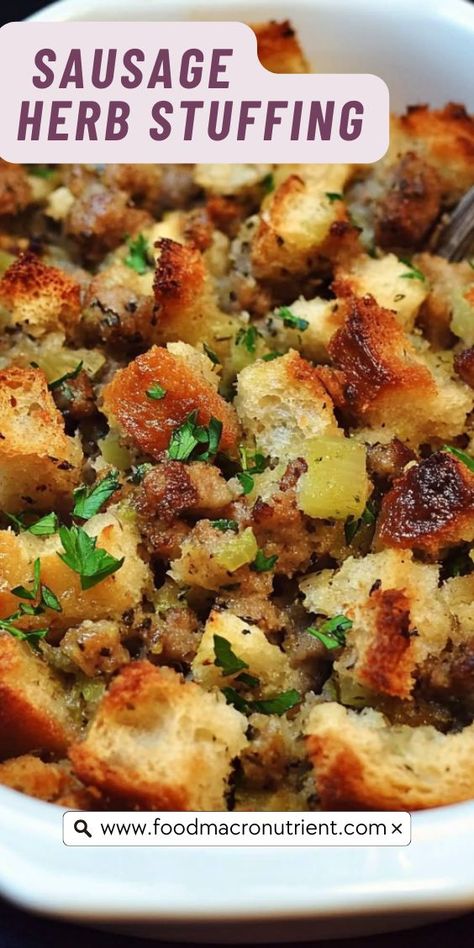 Get ready to fall in love with this Sausage and Herb Stuffing! Bursting with savory sausage, fresh thyme, sage, and garlic, it’s the perfect balance of flavors and textures. Whether you’re serving it alongside turkey or enjoying it as a cozy side, this stuffing is a holiday favorite! Sage Sausage And Apple Stuffing, Sausage Mushroom Stuffing Thanksgiving, Classic Sausage Stuffing, Savory Sausage Stuffing, Sage Sausage Stuffing Recipes, Sausage Stuffing Recipes Thanksgiving, Sourdough And Sausage Stuffing, Savory Stuffing Recipes For Thanksgiving, Sausage Sourdough Stuffing