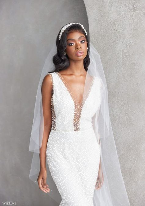 #wedluxe #wedluxemagazine #pearl #white #neckline #bridal #fashion #wedding #dress #gown Pearl V Neck Wedding Dress, Pearl Wedding Dress Black Women, Pearl Embellished Wedding Dress, Pearl Dress Design, Pearl Beaded Wedding Dress, Gown Jewellery, Bodycon Wedding Dress, Pearl Gown, Dress With Plunging Neckline