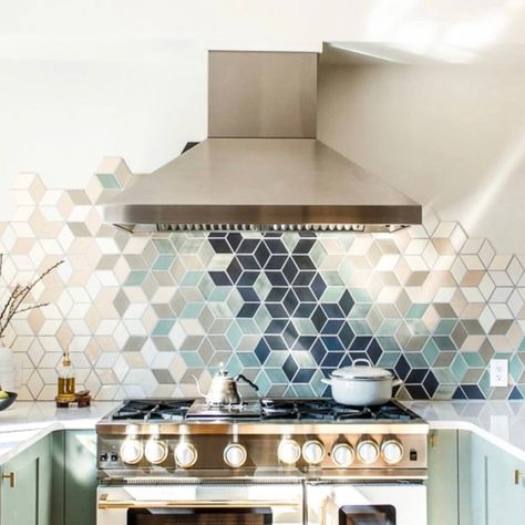 Diamond Tile Backsplash, Hexagon Tile Backsplash, Custom Tile Design, Kitchen Splashback Tiles, Backsplash Design, Geometric Kitchen, Kitchen Backsplash Designs, Sleek Kitchen, Backsplash Designs