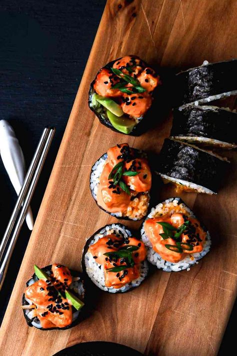 Dynamite Sushi Rolls (Vegan) | Olives for Dinner Kosher Rules, Making Sushi Rice, Vegan Seafood, Sushi Mat, Seafood Feast, Sushi Night, Pork Bacon, Fried Mushrooms, Vegan Mayo