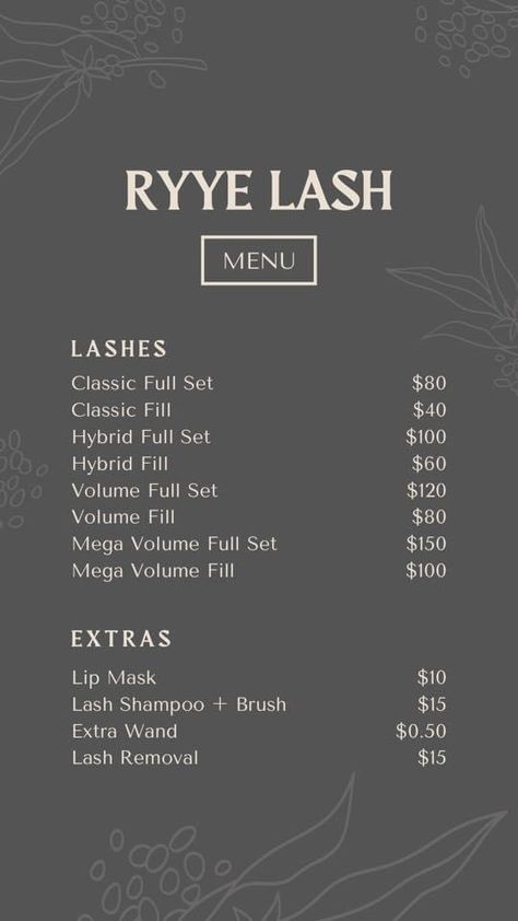 Eyelash Extension Price List, Lash And Hair Studio Ideas, Eyelash Extensions Name Ideas, Lashes Extensions Business, Lash Lift And Tint Price List, Lash Beginner Prices, Lash Prices List, Lash Extensions Notes, Lash Service Menu Ideas