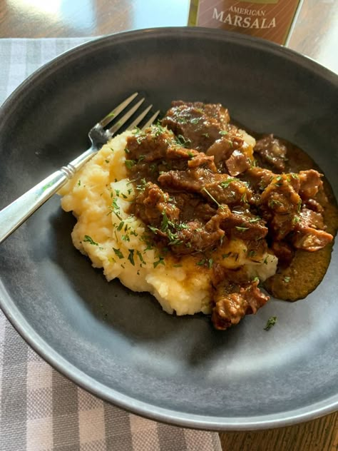 Beef Tips With Red Wine Sauce, Red Wine Beef Tips, Beef Tips In Red Wine Sauce, Beef Marsala Recipes Crock Pot, Recipes Using Marsala Wine, Recipes With Marsala Wine, Beef With Wine Sauce, Beef Marsala Recipes, Bourbon Beef Tips