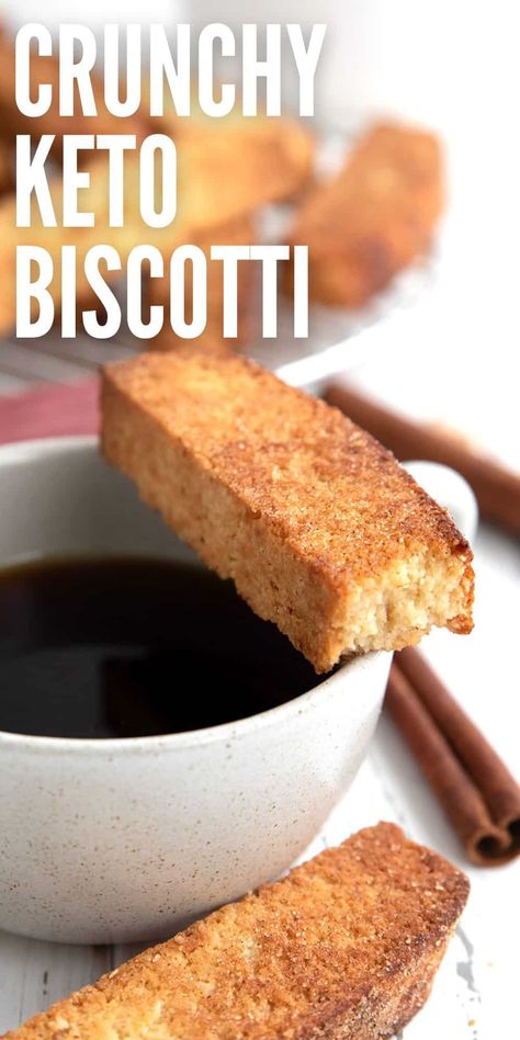 These crunchy Keto Biscotti are dipped in a sweet cinnamon mixture after baking. Made with almond flour, they have no grains or gluten, and only 3.9g carbs per serving. Perfect for dunking in your morning coffee! Low Carb Biscotti, Biscotti Recipe, Almond Flour Biscotti, Low Carb Dessert, Gluten Free Biscotti, Galletas Keto, Postre Keto, Almond Biscotti, Paleo Low Carb