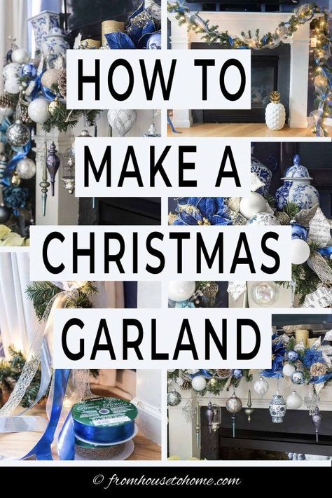 Christmas Fireplace Garland, Mantel Diy, White Christmas Garland, Christmas Garland Mantle, Xmas Fireplace, Holidays Decorations, Blue And White Christmas, Silver Garland, Holiday Fireplace