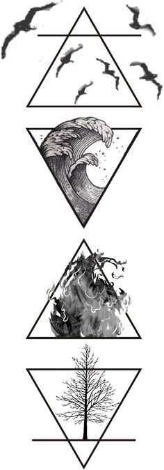 Triangle Element Tattoo, Tattoo Ideas Elements, Water Aesthetic Tattoo, Cinder Tattoo, Earth Element Tattoo, Four Elements Tattoo, Tattoo Earth, Fire Tattoo Designs, Fire Water Earth Air