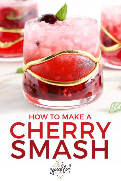 A Cherry Smash Cocktail with honeysuckle vodka is easy to mix at home. This refreshing 6-ingredient cherry drink is perfect for the summertime. Turn it into a pitcher drink when hosting friends! #EasyEntertaining #SpeckledPalate Cherry Vodka Drinks, Mocktail Ideas, Pitcher Drinks, Cherry Drink, Summertime Cocktail, Cherry Lemonade, Cherry Vodka, Spring Dishes, Hosting Friends