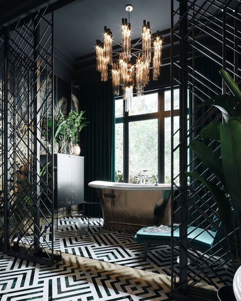 Design and visualization of bathroom in art-deco mood on Behance Magical Bathroom, Dark Bathrooms, Contemporary Art Deco, Art Deco Bathroom, Art Deco Interior Design, Deco Bathroom, Dark Home, Art Deco Home, Dark Interiors