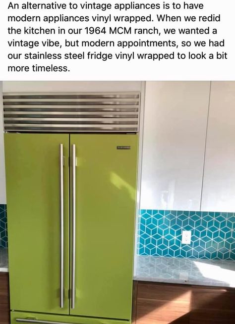 vinyl wrapped fridge to mimic vintage style but with modern tech Vintage Fridge Wrap, Vynil Wrap Fridge, Wrapped Fridge Vinyl, Retro Fridge Kitchen Ideas, Vinyl On Fridge, Retro Fridge Wrap, Refrigerator Vinyl Wrap, Vinyl Wrap Appliances, Vinyl Cabinet Wrap