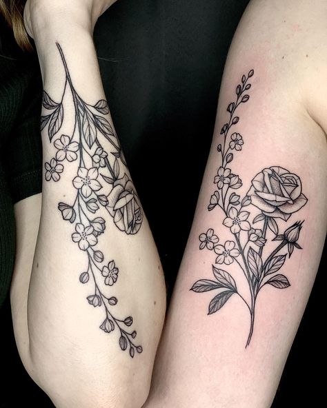 Tattoo Ideas Larkspur, Larkspur And Rose Flower Tattoo, Larkspur Black And White Tattoo, Rose Larkspur Tattoo, Water Lily Larkspur Tattoo, Larkspur Shoulder Tattoo, Rose And Larkspur Tattoo, Larkspur Flower Drawing Tattoo Ideas, Larkspur Flower Tattoo Black And White