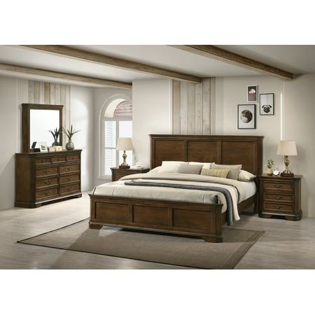 The vintage-inspired Roundhill Furniture Maderne Traditional Wood Bedroom Furniture Set, King Size, Antique Walnut Finish is an elegant way to add an elegant appeal to your bedroom. This set is made from a sturdy solid wood frame and MDF panels in a rich antique walnut finish. The bed features three-panel design on both the headboard and footboard in an antique walnut finish. This handsome bed features distinguished recessed picture frame moldings. Spacious sliding drawers give you plenty of roo Wood Panel Bedroom, Wood Bedroom Furniture Sets, Wood Panel Bed, Traditional Bedding Sets, Mirror Nightstand, Meja Nakas, Bedroom Details, 5 Piece Bedroom Set, Wood Bedroom Sets