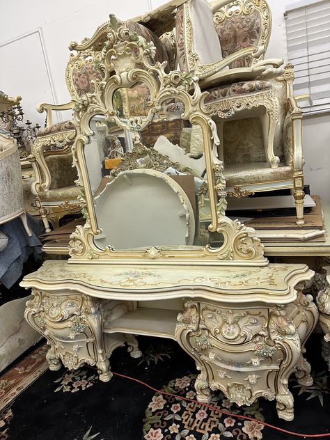 Large Italian Rococo Baroque French Mirror with vanity desk In Excellent Condition for ages.  73" high.  Mirror : 60" x 46" Vanity : 66"x 17"  x 27" high.  I want you to be fully satisfied with your purchase. Please make sure to carefully review all photos and all written information regarding the condition of the items. Like all vintage and antique household and furniture pieces, they will naturally exhibit signs of wear and aging, some more than others. Embrace these imperfections, as they contribute to the unique character of each item. If you appreciate vintage items, please be willing to accept these imperfections and character. Feel free to contact me for any information you need about the items you're considering before making a purchase. Returns are only accepted for damaged items Luigi Massoni Dilly Dally Vanity, Rococo Home Decor, Baroque Home Decor, Rococo Aesthetic Bedroom, Modern Rococo Aesthetic, Rococo Kitchen, Rococo Vanity, Baroque Room, Rococo Room