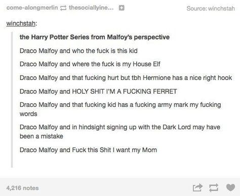 This person who reimagined Harry Potter from Malfoy's point of view. Funny References, Exo Meme, About Harry Potter, Amazing Books, Harry Potter Tumblr, Dark Arts, Harry Potter Jokes, Harry Potter Obsession, Jk Rowling