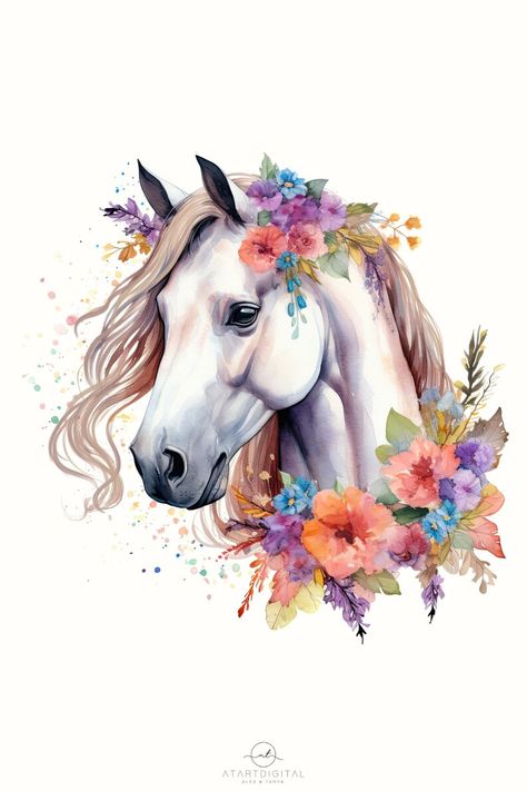 Animals With Flowers Art, Horses Illustration, Horse And Flowers, Horse With Flowers, Horse Flower, Farm Animal Paintings, Horse Tattoo Design, Floral Farm, Horse Watercolor