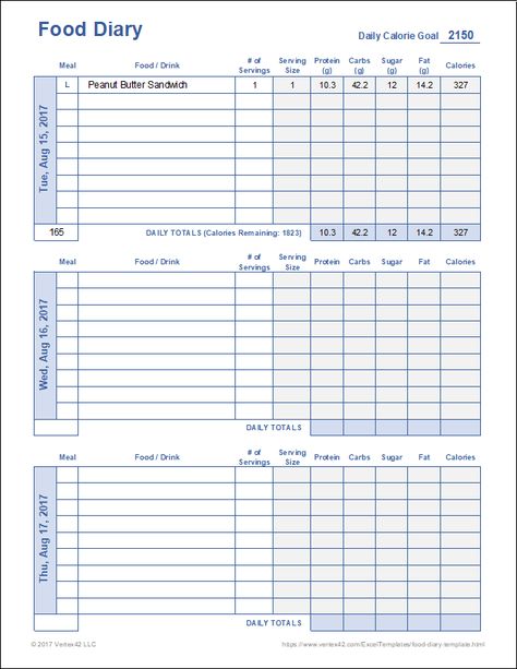 Free Printable Food Diary Template from Vertex42.com Food Logging Journal, Daily Food Log Printable Free, Food Tracker Printable, Food Log Printable, Daily Food Log, Food Journal Printable, Food Diary Printable, Food Journal Template, Diary Printable