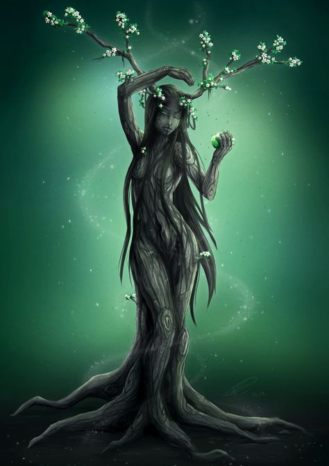 Nature People Art, Earth Woman Art, Tree Person Art, Tree People Art, Dryads Aesthetic, Earth Spirit Art, Dryad Drawing, Dryads Art, Dark Goddess Art