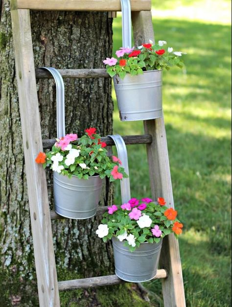 14 Marvelous Ideas For Using Old Ladder In Your Garden Garden Ladder Ideas, Ladder Plant Stand, Old Wooden Ladders, Garden Ladder, Diy Planters Outdoor, Galvanized Decor, Galvanized Planters, Old Ladder, A Ladder