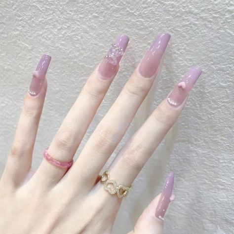 Light pink purple gradient bear heart pearl ballet long trapezoidal false nails (Light pink purple gradient bear heart pearl)¡­ Fake Nails White, Nagel Tips, Nail Type, Fake Nails With Glue, Nail Length, Nail Art Supplies, Phnom Penh, Stick On Nails, Hot Nails