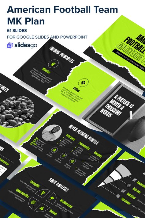 Football Presentation, Cool Presentation, Ppt Template Design, Powerpoint Layout, American Football Team, Presentation Design Template, Ppt Design, Green Neon, Power Point Template