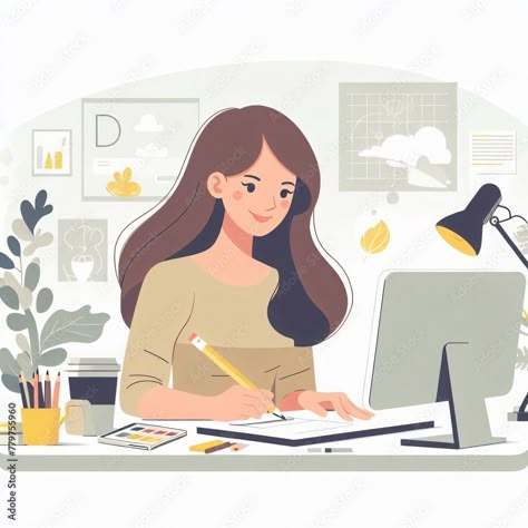 Work From Home Illustration Art, Work Illustration Office, Tiny Habits, Classroom Background, Computer Drawing, Computer Vector, Minimal Drawings, Independent Girls, Advertisement Template