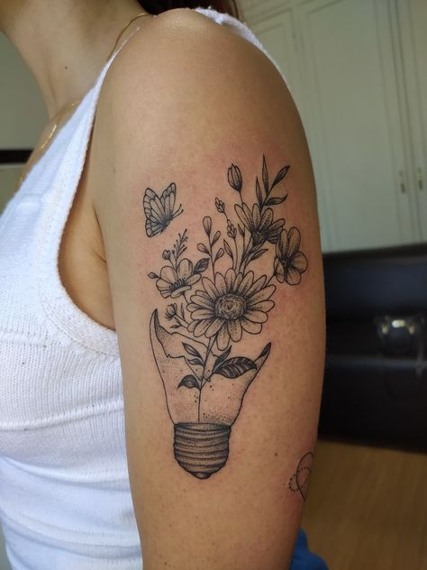 Mental Health Tatoos Design Healing, Broken Lightbulb With Flowers, Bloom Where You Are Planted Tattoo, Jelly Roll Tattoo Ideas, Social Work Tattoo Ideas, Tattoos For Healing Women, Camping Tattoo For Women, Therapist Tattoo Ideas, Mental Health Tatoos Design