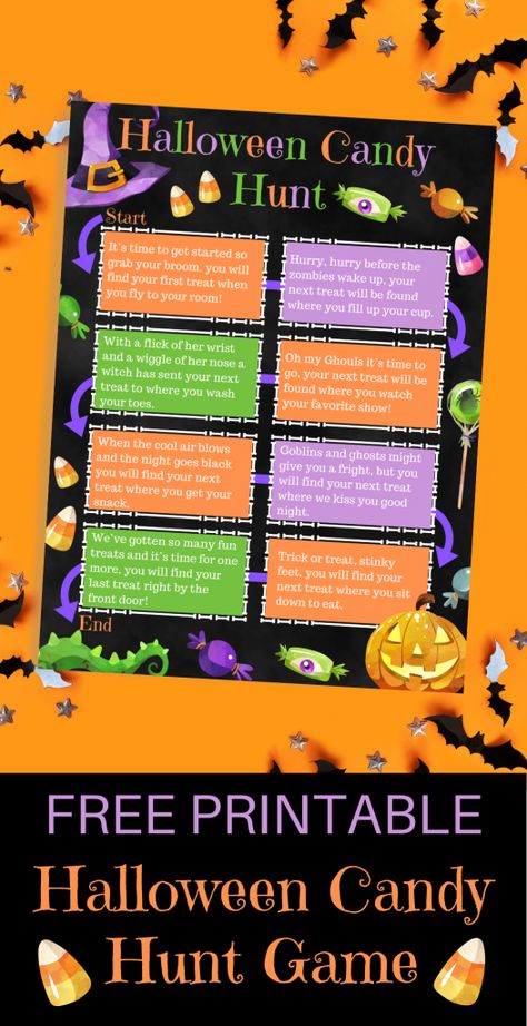 This free printable Halloween Candy Hunt is the perfect Halloween game to play this year! Your kids will have a blast solving the riddles and searching the house for their treats! #halloweenfun #activitiesforkids #halloween #halloweengame #freeprintable #halloweenprintable #happyhalloween Halloween Candy Hunt, Halloween Prizes, Fun Halloween Activities, Fun Halloween Games, Free Printable Halloween, Halloween Scavenger Hunt, Halloween Crafts For Toddlers, Game To Play, Halloween Games For Kids