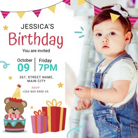 Invitation Card For Birthday Party, 1st Birthday Invitation Template Free Editable, Bday Invitation Cards For Kids, Invitation Card Design Birthday Kids, Invitation Card Design For Birthday, Birthday Card Invitation Templates, Birthday Invitation Card For Kids, Baby Birthday Poster, Baby Invitation Card