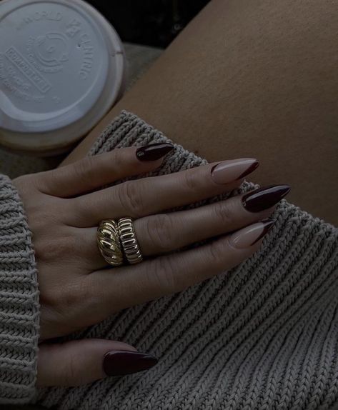 Nails For Dark Hair, Dark Feminine Acrylic Nails, Dark Fem Nails, Brown Almond Nails, Dark Academia Nails, Nail Art Brown, Era Nails, Feminine Era, Dark Aesthetics