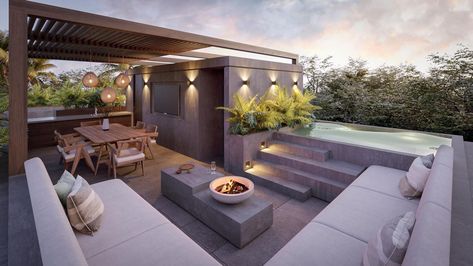 Plunge Pool Rooftop, Roof Top Pool Design, Rooftop Pool House, Small Rooftop Pool, Rooftop Terrace Design Penthouses, Penthouse Terrace Ideas, Plunge Pool Ideas Small Spaces, Gazebo Kitchen, Sedona House